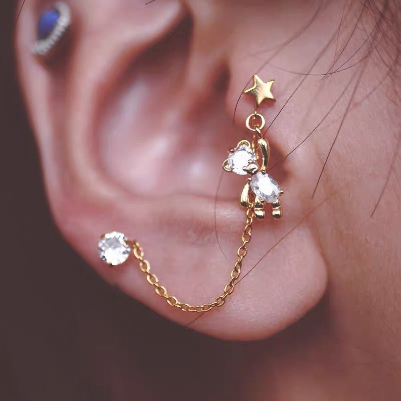 Cute Shiny Rhinestone Bear Tassel Earrings