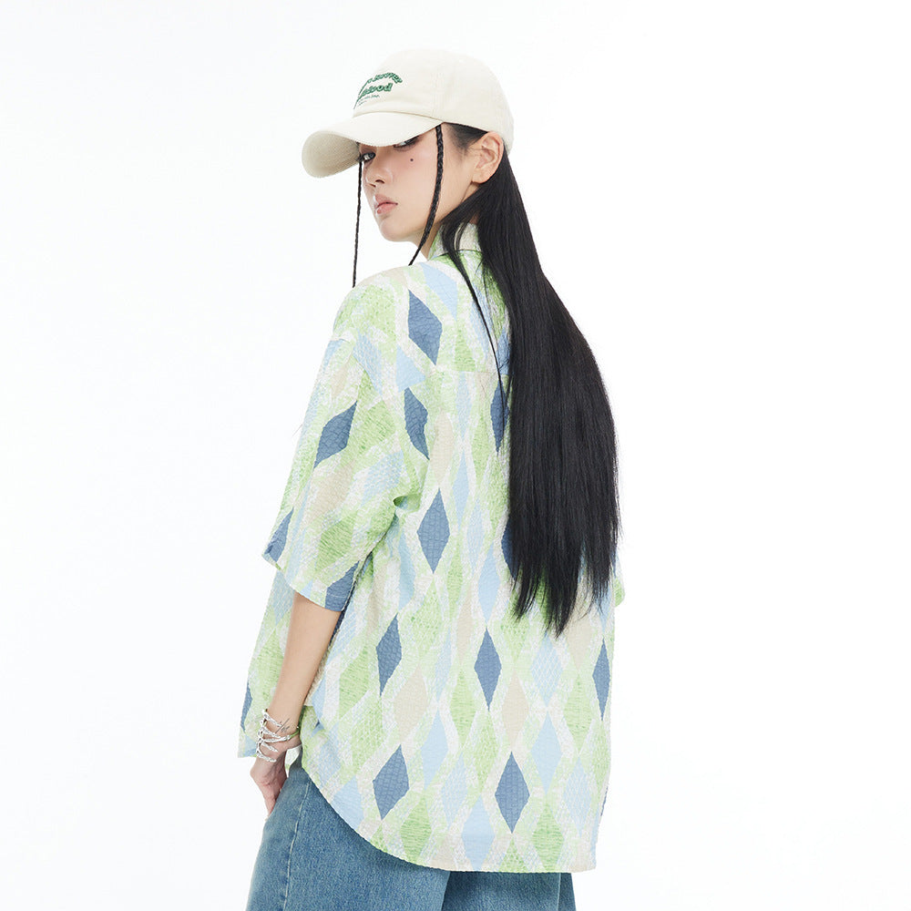 Loose Diamond Short Sleeve Plaid Shirt Men And Women