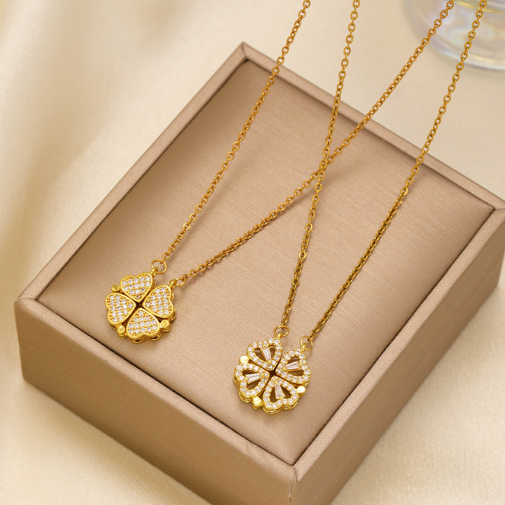 1pcs Fashionable Zircon Heart-shaped Necklace With A Magnetic Folding Four Leaf Heart-shaped Connection