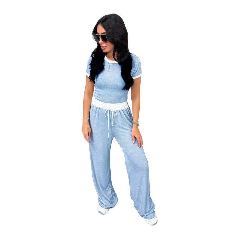 Round Neck Contrast Color Women's Fashion Casual Wide-leg Pants Sports Suit