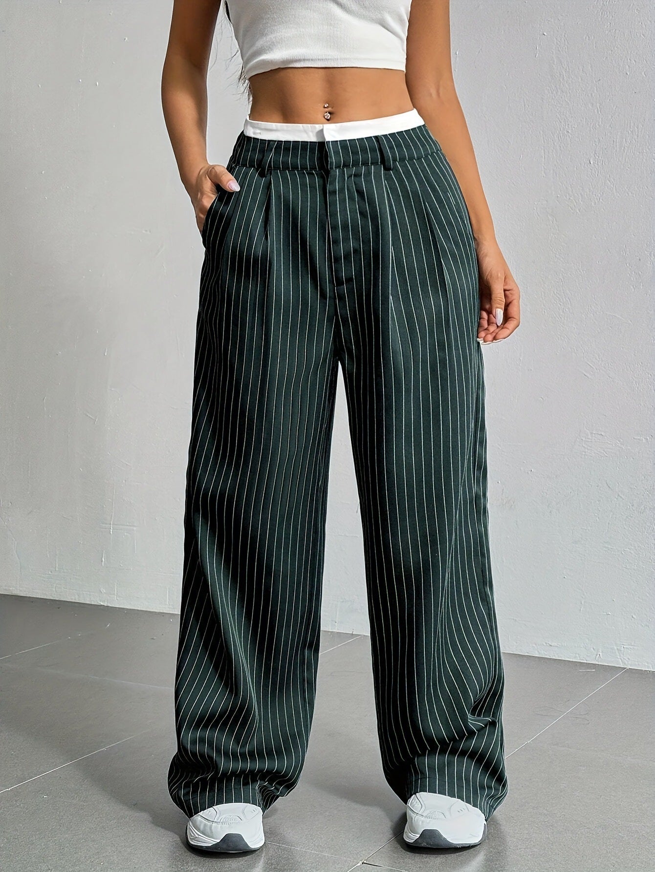 Stripe Printed Trousers Fashion High Waist Straight Leg Pants With Pocket Zipper Casual Suit Pants For Women