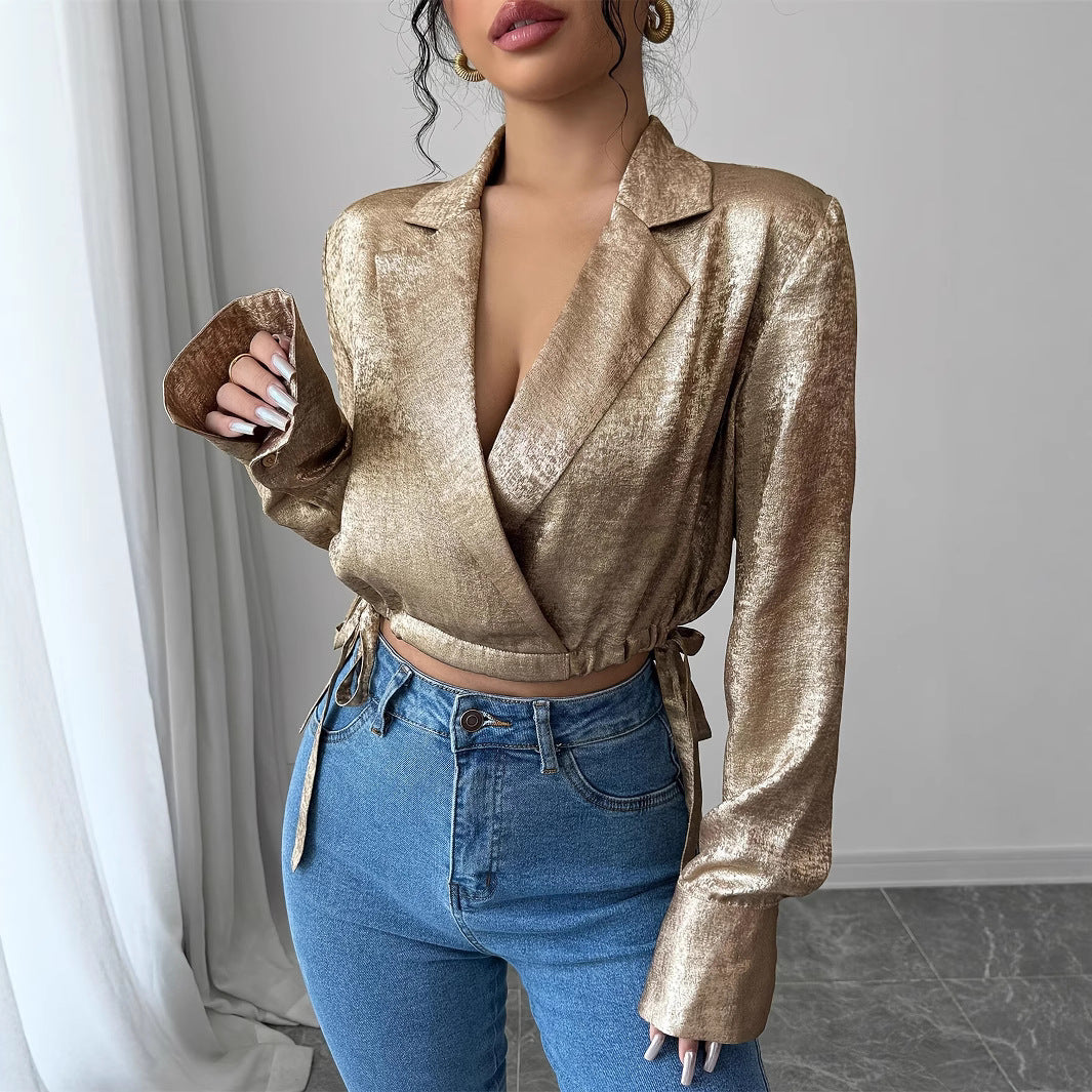 Graceful And Fashionable Casual Suit Collar Long Sleeve Drawstring Top