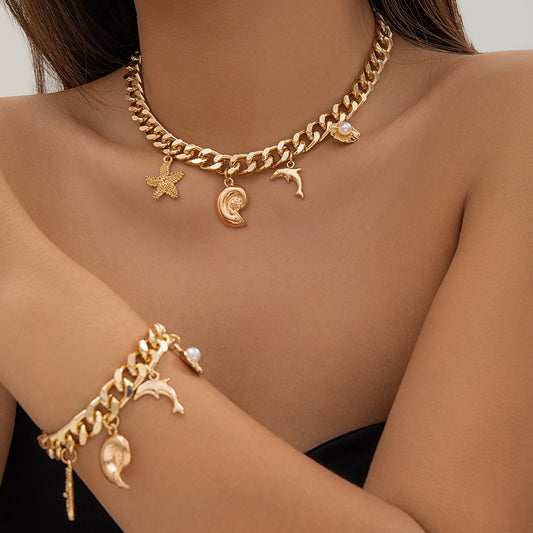 Creative Boho Conch Dolphin Starfish Pendant Choker Necklace And Bracelets