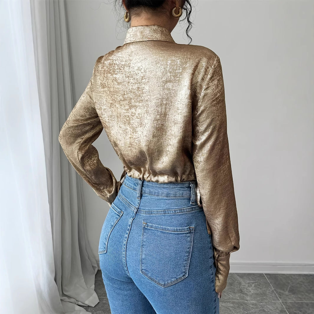 Graceful And Fashionable Casual Suit Collar Long Sleeve Drawstring Top