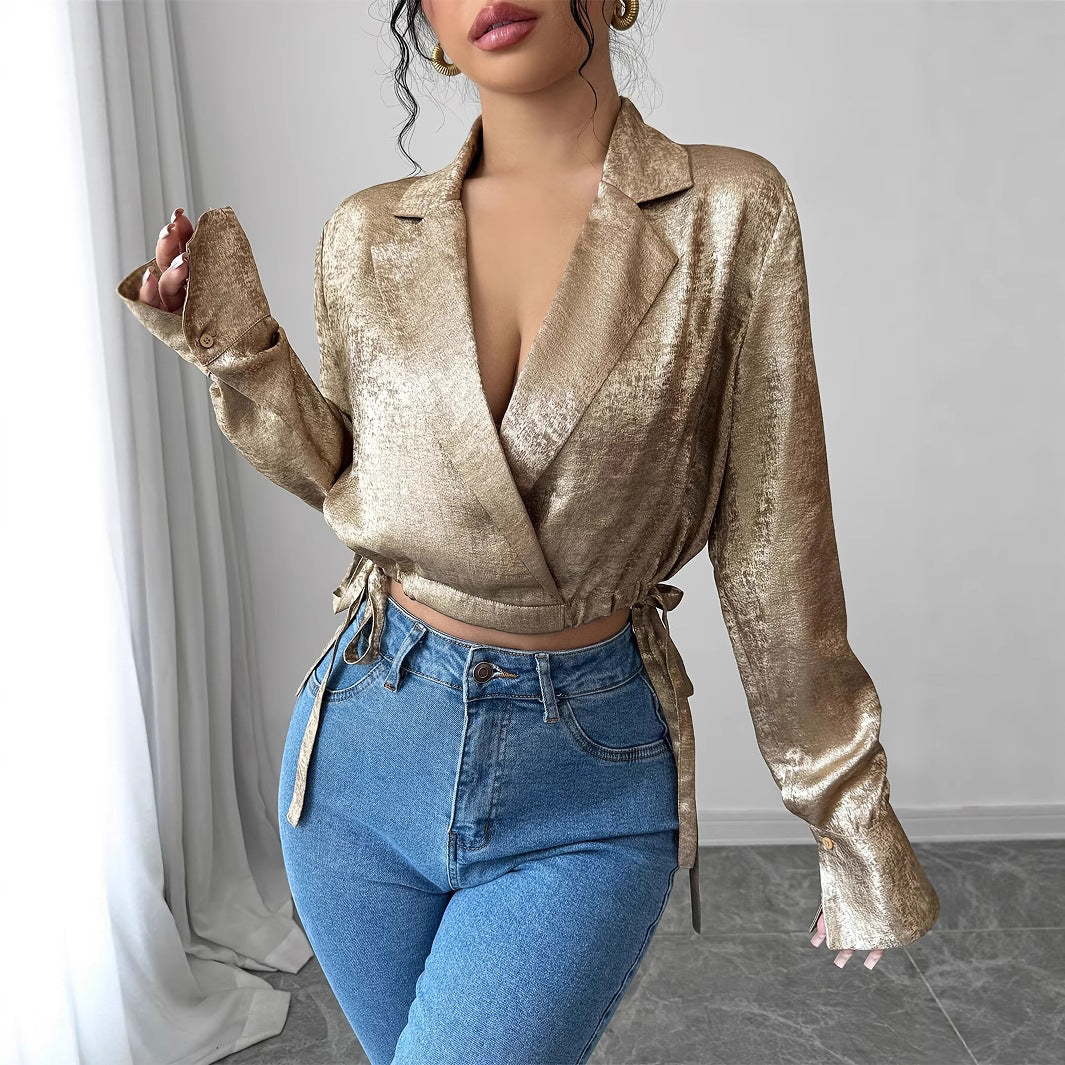 Graceful And Fashionable Casual Suit Collar Long Sleeve Drawstring Top