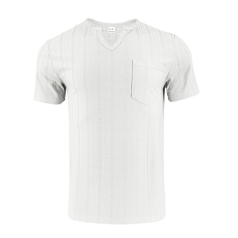 Men's Artificial Linen Bamboo Loose Casual Breathable V-neck Solid Color Short Sleeve