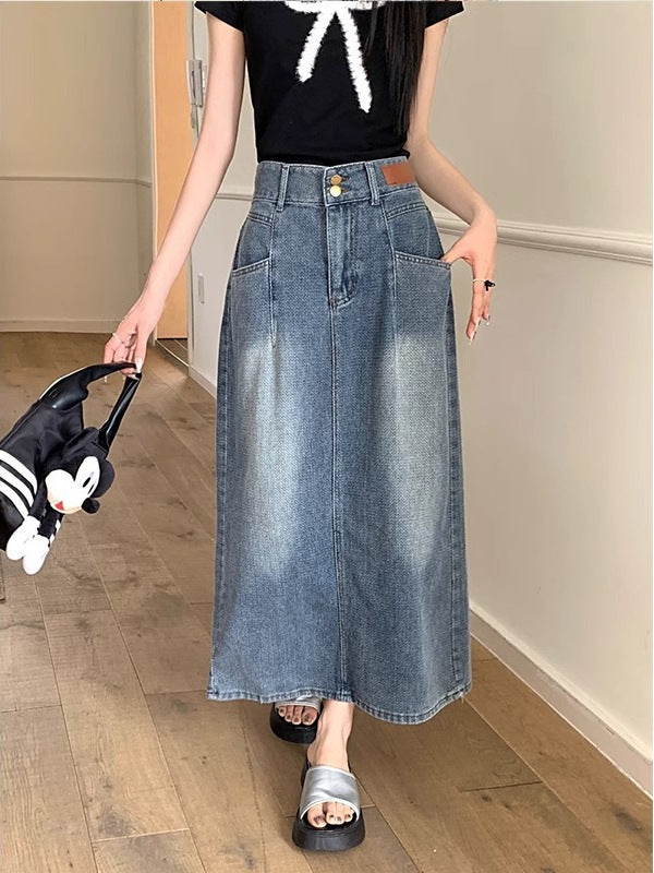 Retro Denim Skirt For Women Summer High Waist Back Slit Medium Long Slim A-line Skirt