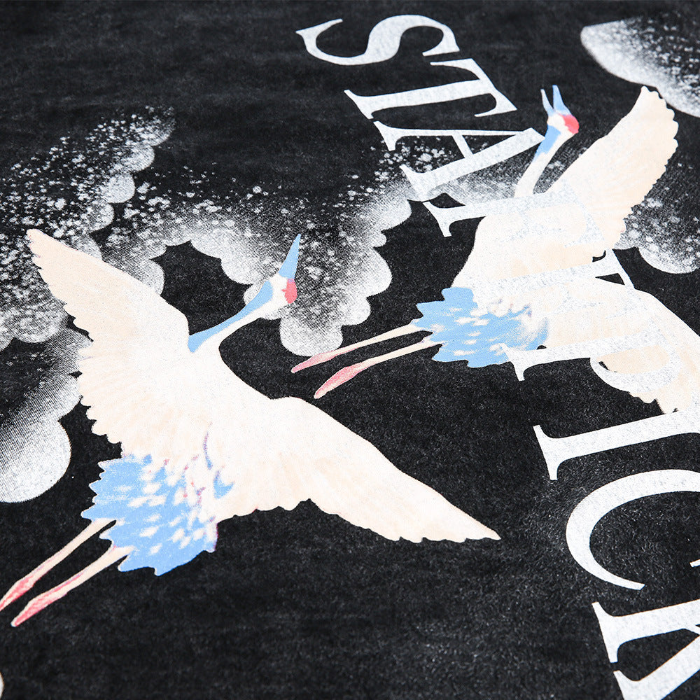Men's Crane Print Short-sleeved T-shirt Behind