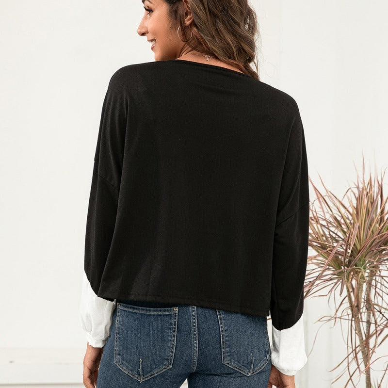 Casual Color Matching Round Neck Pullover Long Sleeve T-shirt