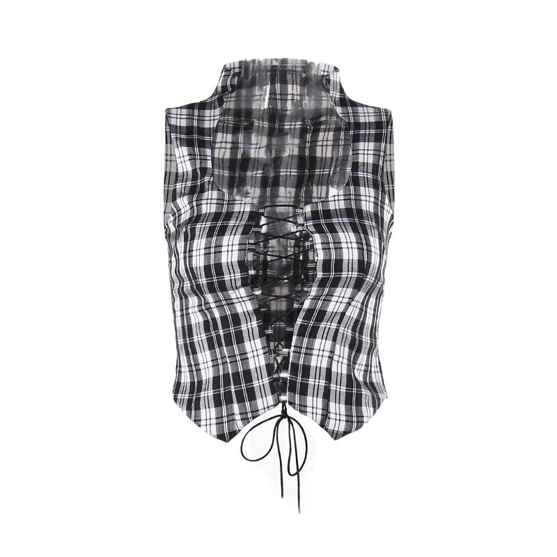 Street Style Trendy Slim-fit Plaid Stand-collar Hollow-out Lace-up Cinched Waist Waistcoat Top For Women