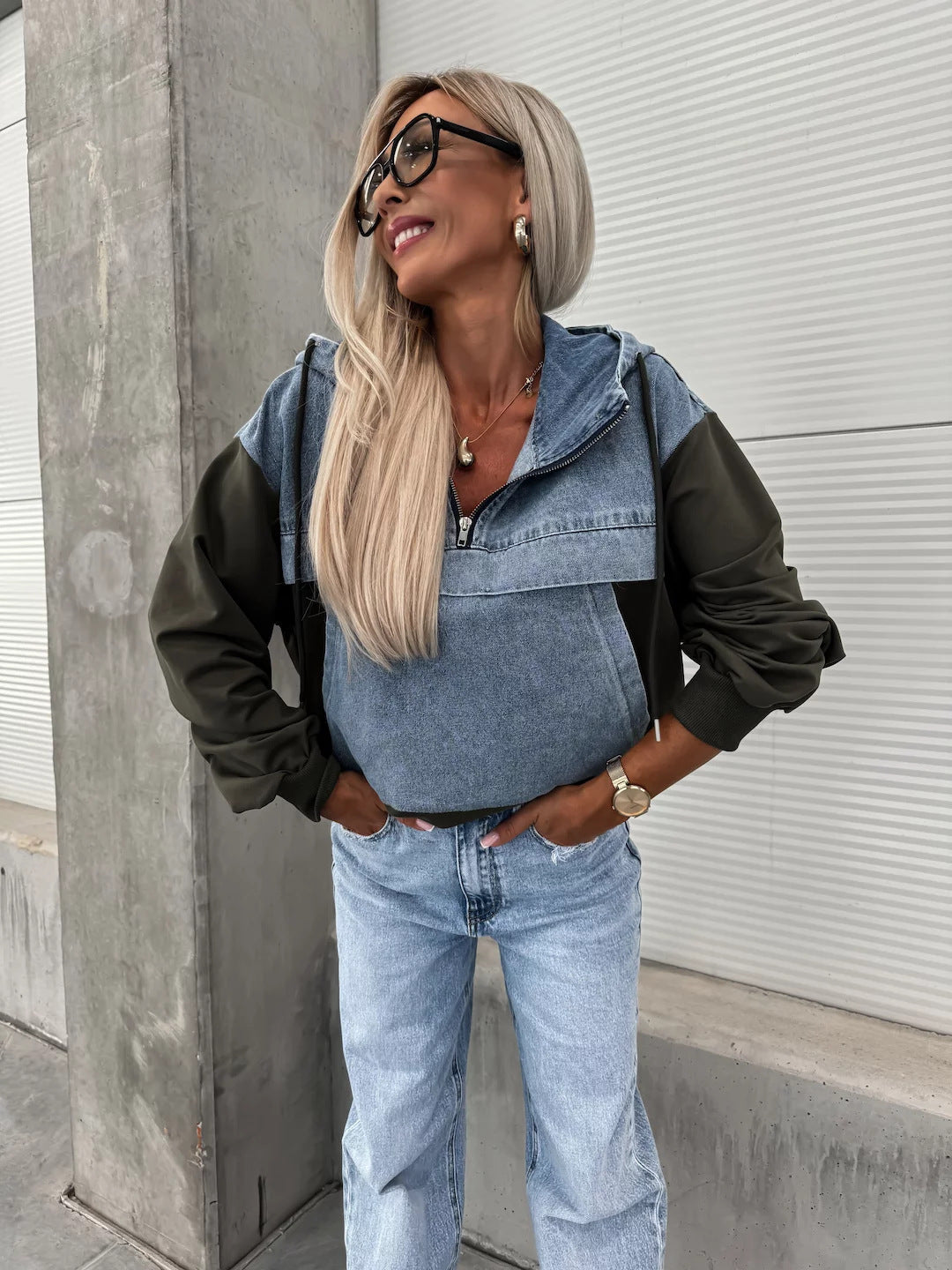 Fashion Loose Casual Washing Denim Stitching Hooded Women's Sweater