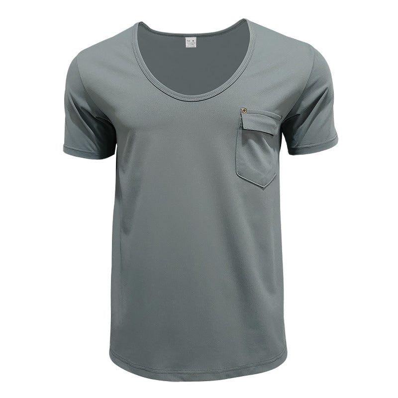 Men's Pocket T-shirt Cross V-neck Solid Color Plus Size Casual Short Sleeve