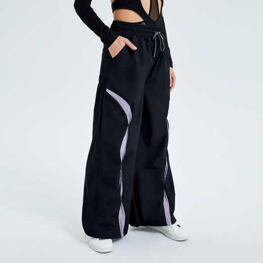 Sports Fashion High Waist Lace-up Color Contrast Breasted Loose Casual Woven Pants