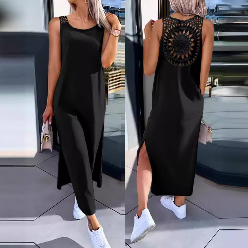 Summer Solid Color Back Hollow Lace Sleeveless Split Dress