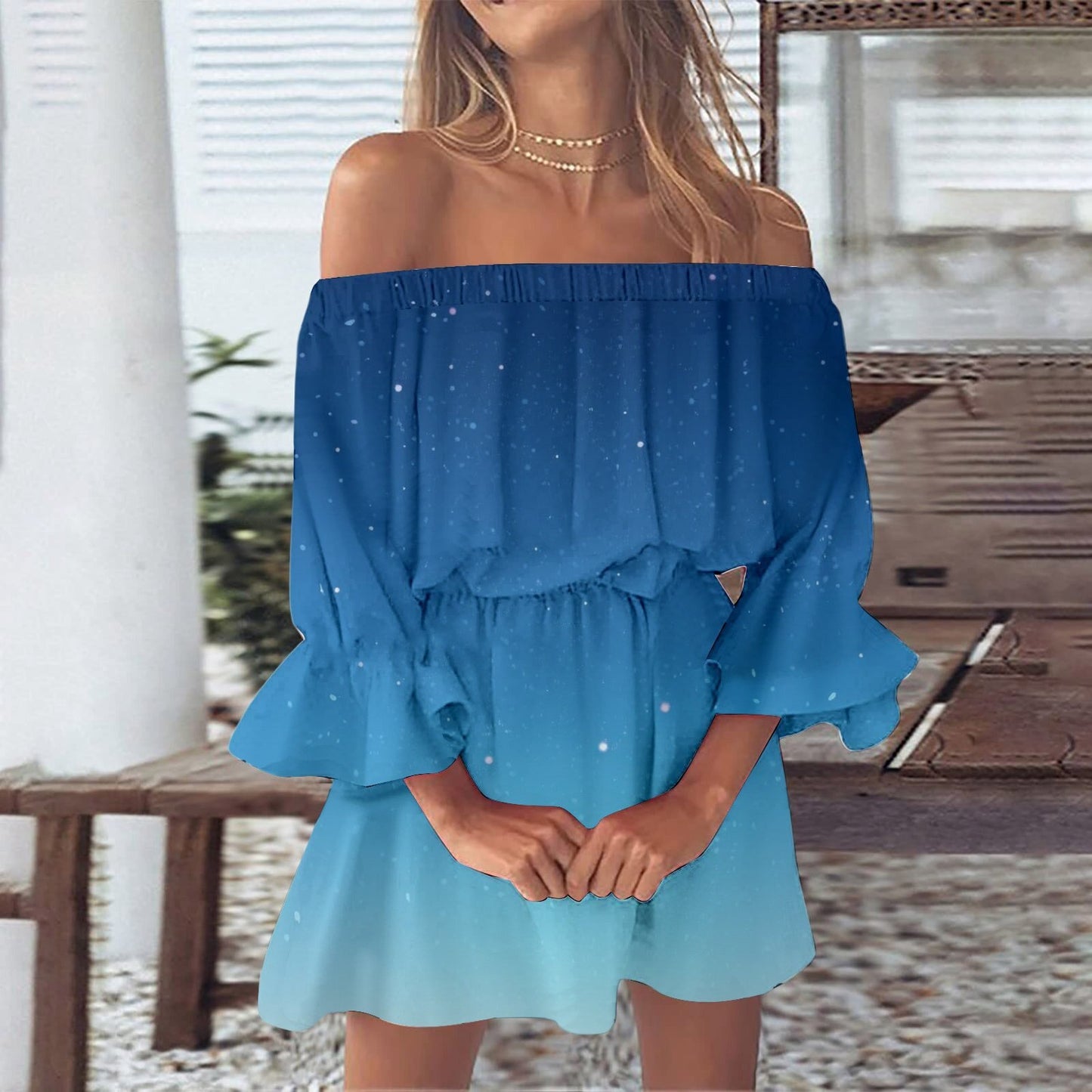Women's One-word Shoulder Flared Sleeve Printed Dress