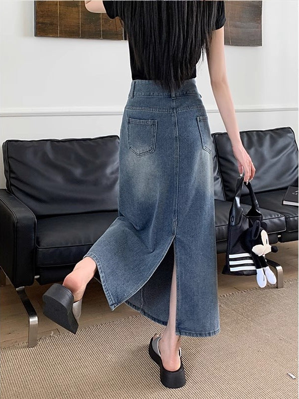 Retro Denim Skirt For Women Summer High Waist Back Slit Medium Long Slim A-line Skirt