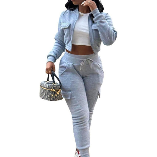 European And American Women's Clothing Thread Patchwork Sweater Fleece Work Pants Leisure Sports Two-piece Set