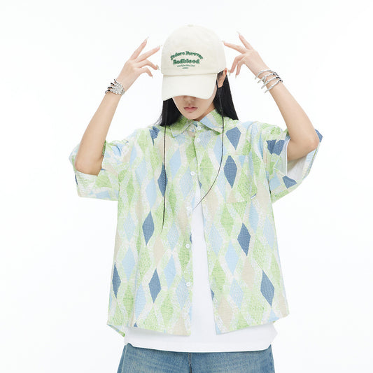 Loose Diamond Short Sleeve Plaid Shirt Men And Women