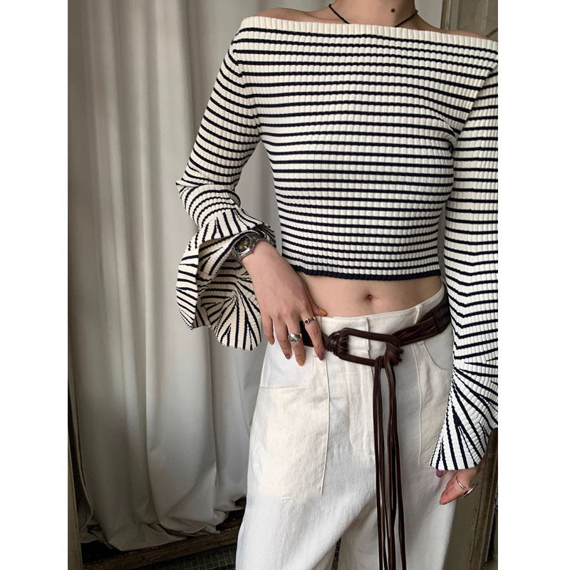 Three-dimensional Pit Striped Off-the-neck Design Sweater Irregular Bell Sleeve Short Waist-controlled Top