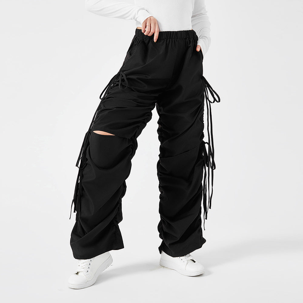 Street Drawstring Hole Casual Loose Wide Legs Cargo Pants