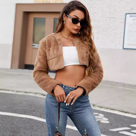 Women's Collarless Ultra-short Imitation Fur Coat Top