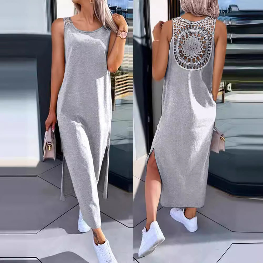 Summer Solid Color Back Hollow Lace Sleeveless Split Dress