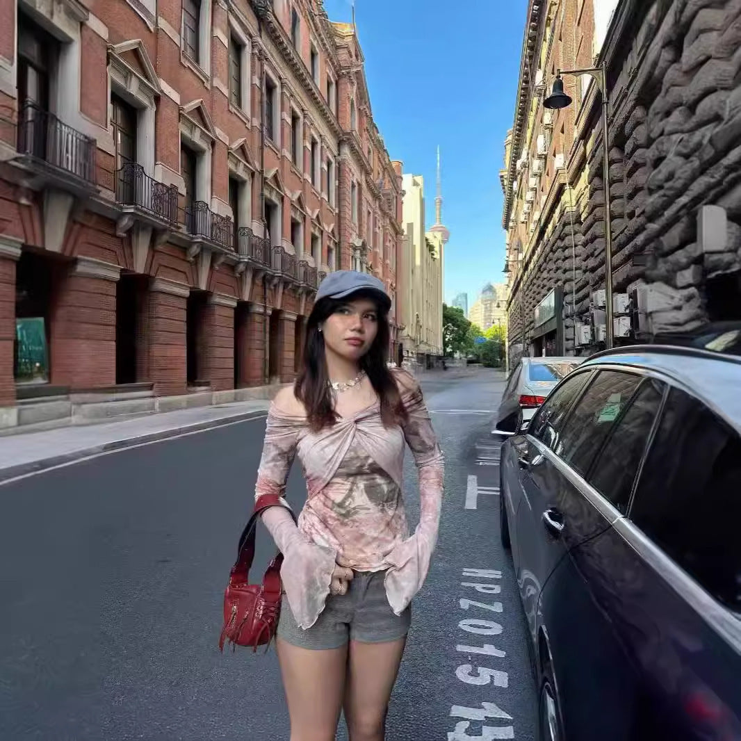 Mesh Floral Print Twist Fashion Summer New Personality Long Sleeve Bottoming Top