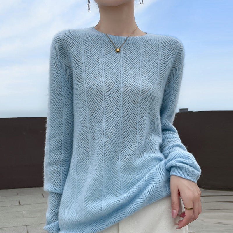 Pure Wool Round Neck Sweater Women's Hollow Top