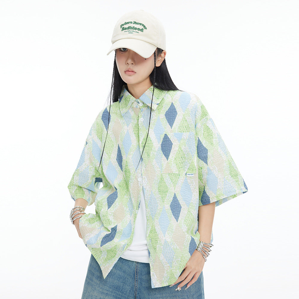 Loose Diamond Short Sleeve Plaid Shirt Men And Women