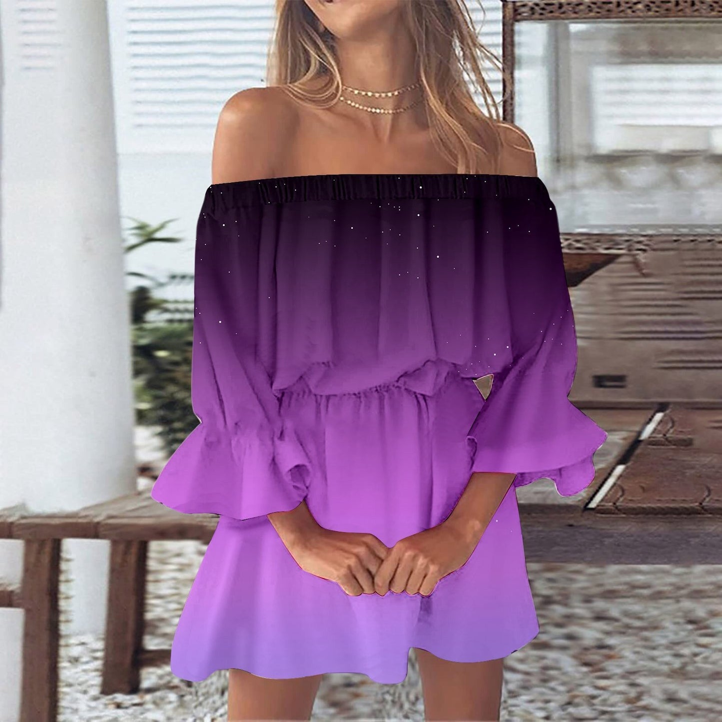 Women's One-word Shoulder Flared Sleeve Printed Dress