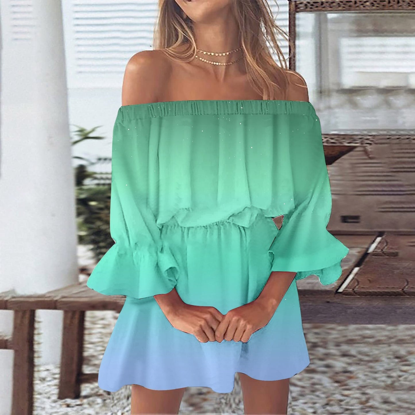Women's One-word Shoulder Flared Sleeve Printed Dress