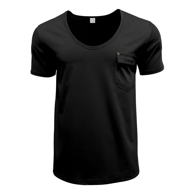 Men's Pocket T-shirt Cross V-neck Solid Color Plus Size Casual Short Sleeve
