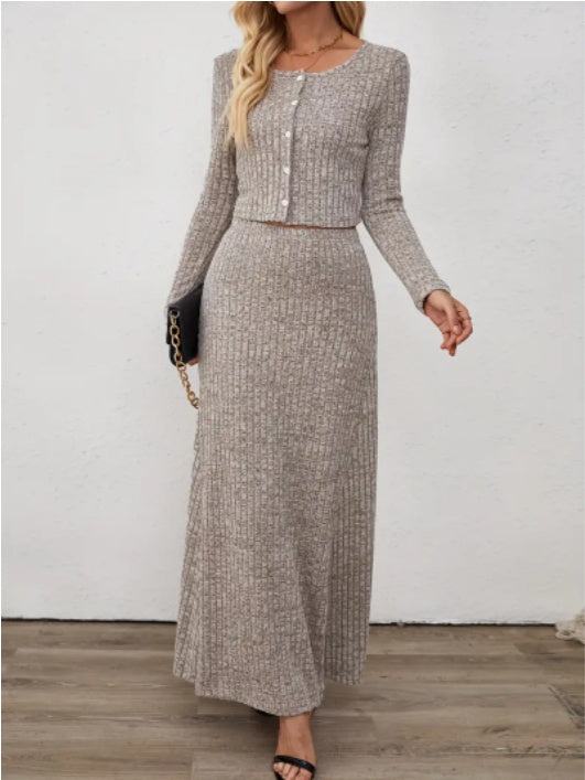 Oriented Fashion Elegant Autumn-Winter New Long-Sleeve Flared Skirt Button-Up Round Neck Cardigan Short Solid Color Goddess Soft Temperament Midi Dress Set