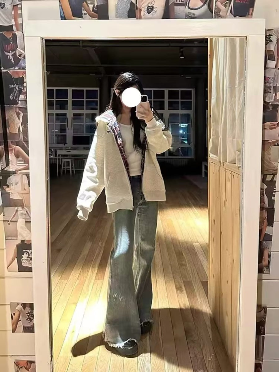 Retro Plaid Hooded Sweater For Women Fleece-lined