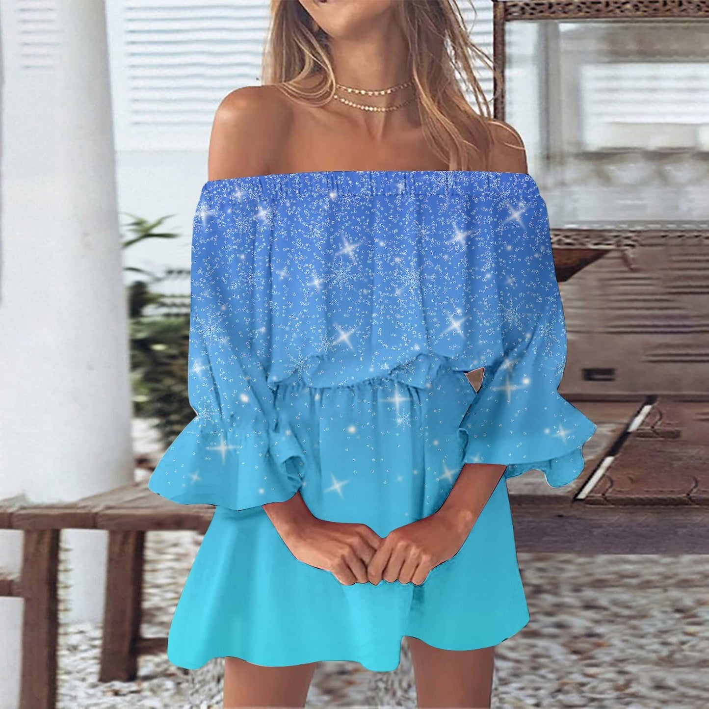 Women's One-word Shoulder Flared Sleeve Printed Dress