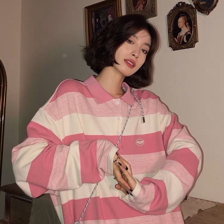 Striped Long-sleeved T-shirt For Women Loose Lapels
