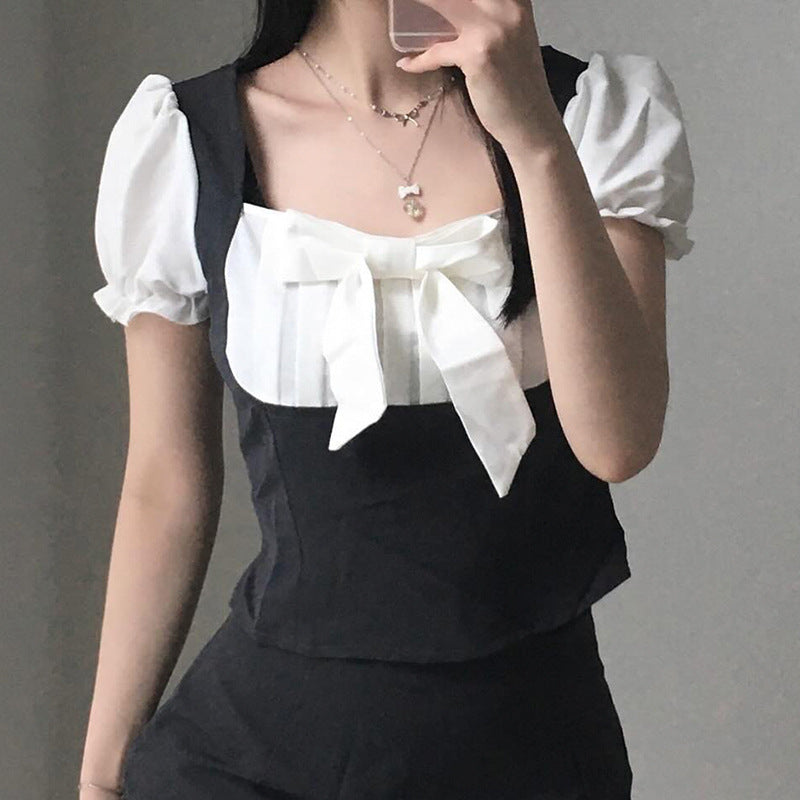 Women's Bow Stitching Puff Sleeve Top