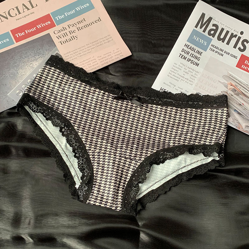 Houndstooth Design Girl's Underwear Low Waist Lace Bow Vintage Ice Silk