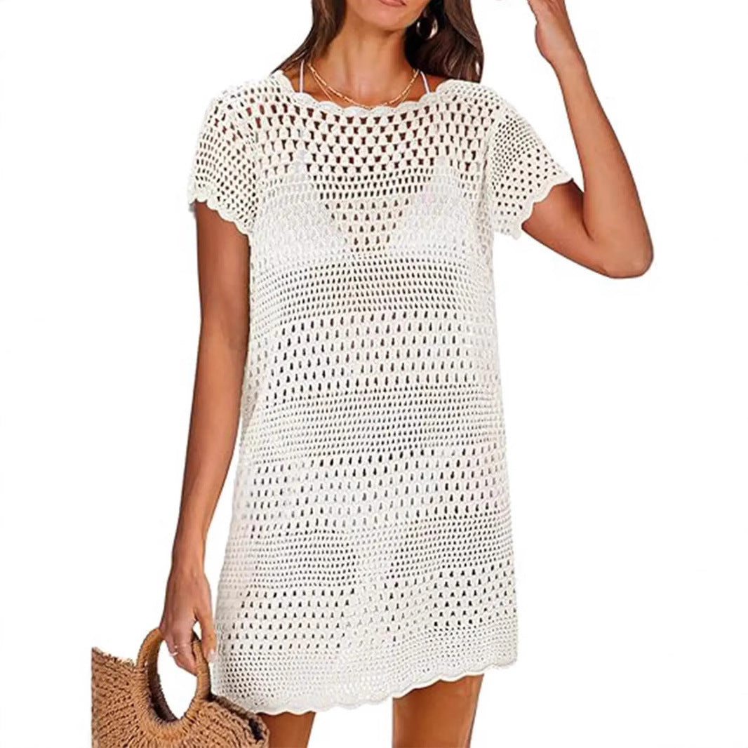Knitted Short Sleeve Cutout Blouse Women's Swimming Vacation