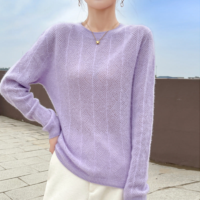 Pure Wool Round Neck Sweater Women's Hollow Top