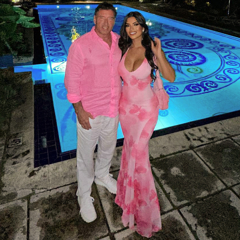 Casual Printed Backless Sling Slim Fishtail Length Dress