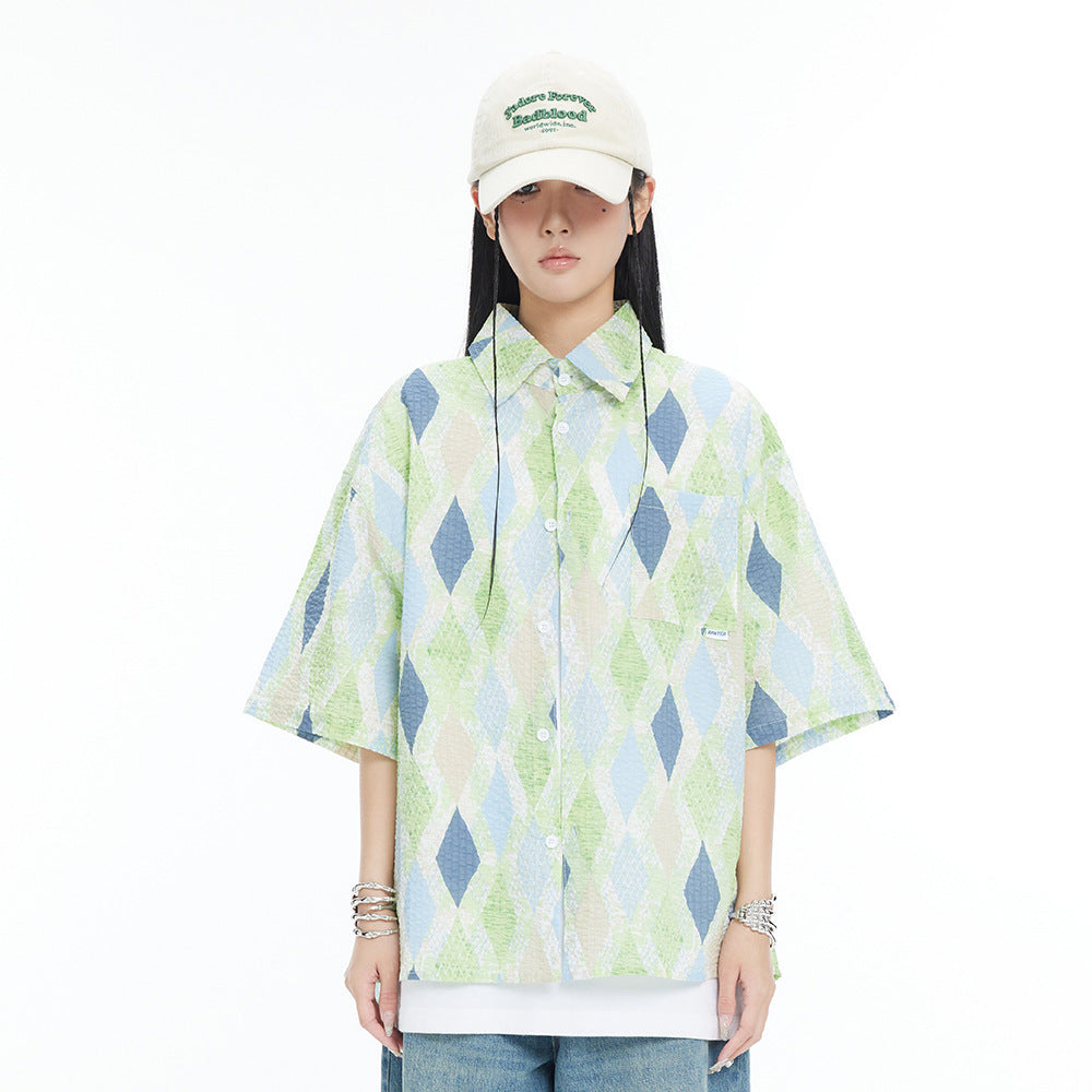 Loose Diamond Short Sleeve Plaid Shirt Men And Women