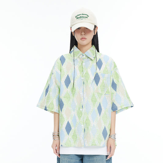 Loose Diamond Short Sleeve Plaid Shirt