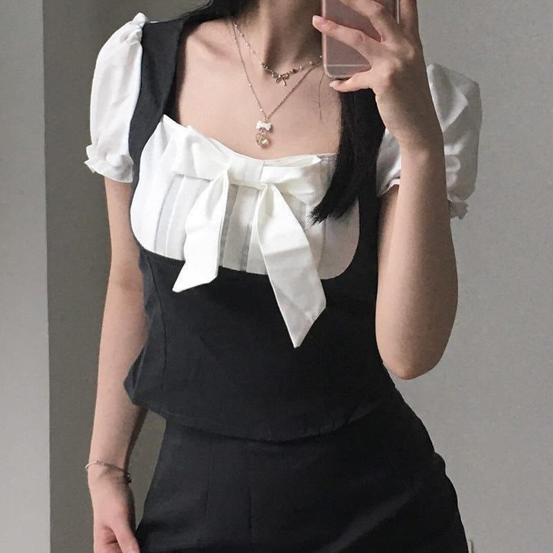 Women's Bow Stitching Puff Sleeve Top