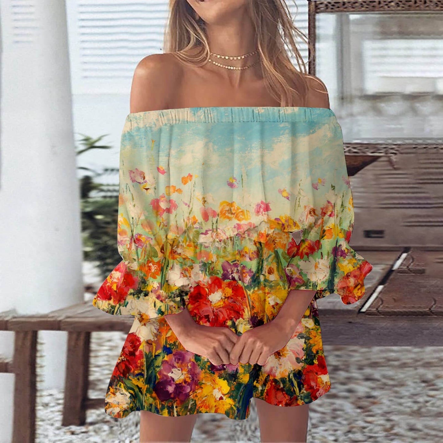 Women's One-word Shoulder Flared Sleeve Printed Dress