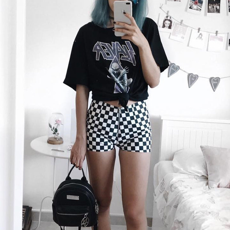 Women's Black And White Plaid Chessboard Plaid Zipper Slim Fit Hip Shorts