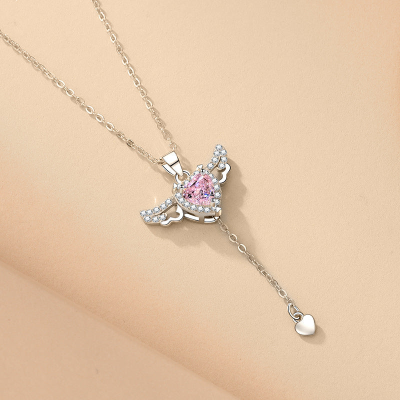 Moving Cupid Heart Angel Wings Tassel Necklace With Crystal