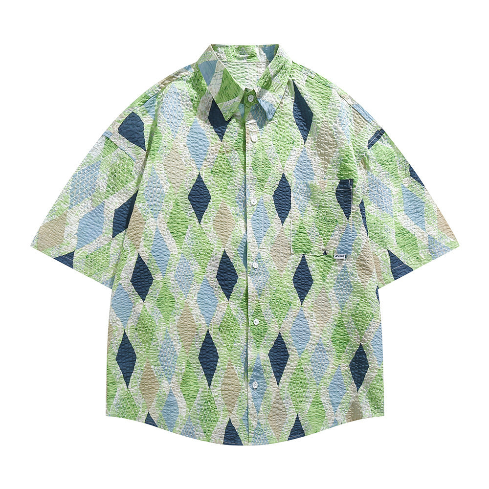 Loose Diamond Short Sleeve Plaid Shirt Men And Women