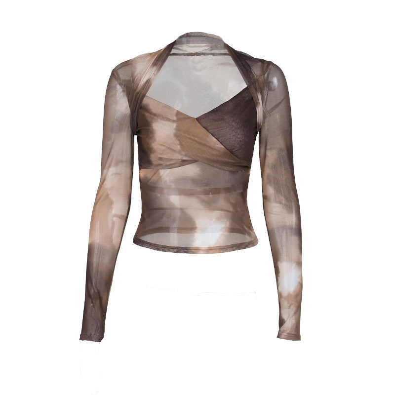 Women's Twisted Mesh Top Ins Style All-match Tie-dye Minimalist Long Sleeve