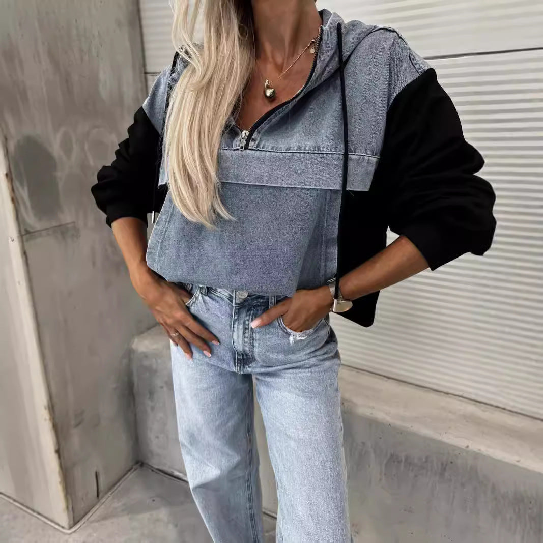 Fashion Loose Casual Washing Denim Stitching Hooded Women's Sweater